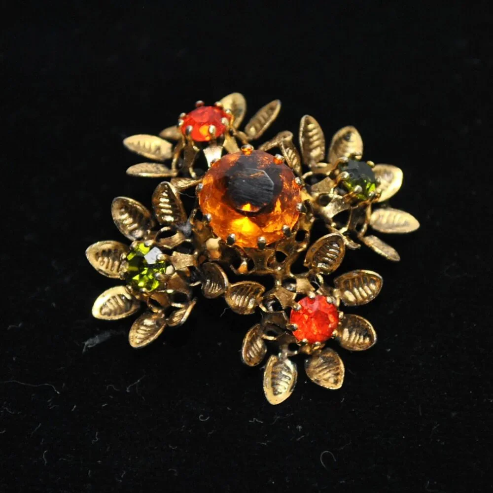 Vintage Floral Brooch with Orange & Green Glass Stones Made in Austria